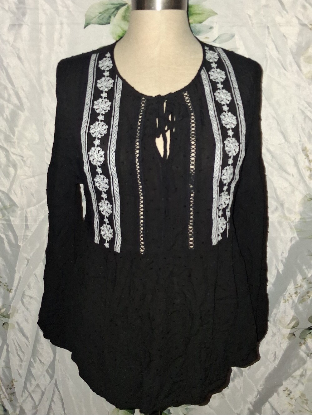 5For$12 Black Peasant Top with White Embroidery